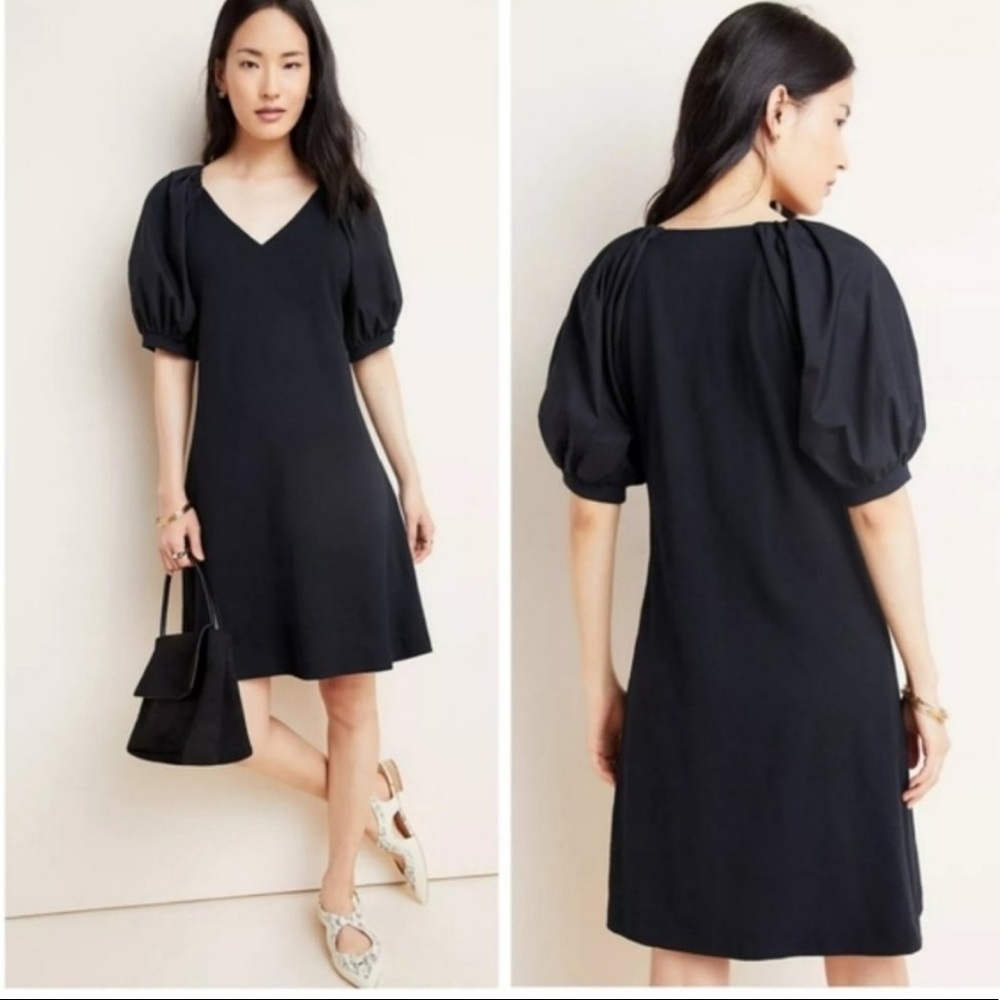 Anthropologie Maeve Black Short Puffy Sleeve V Neck Mini Dress  XS
